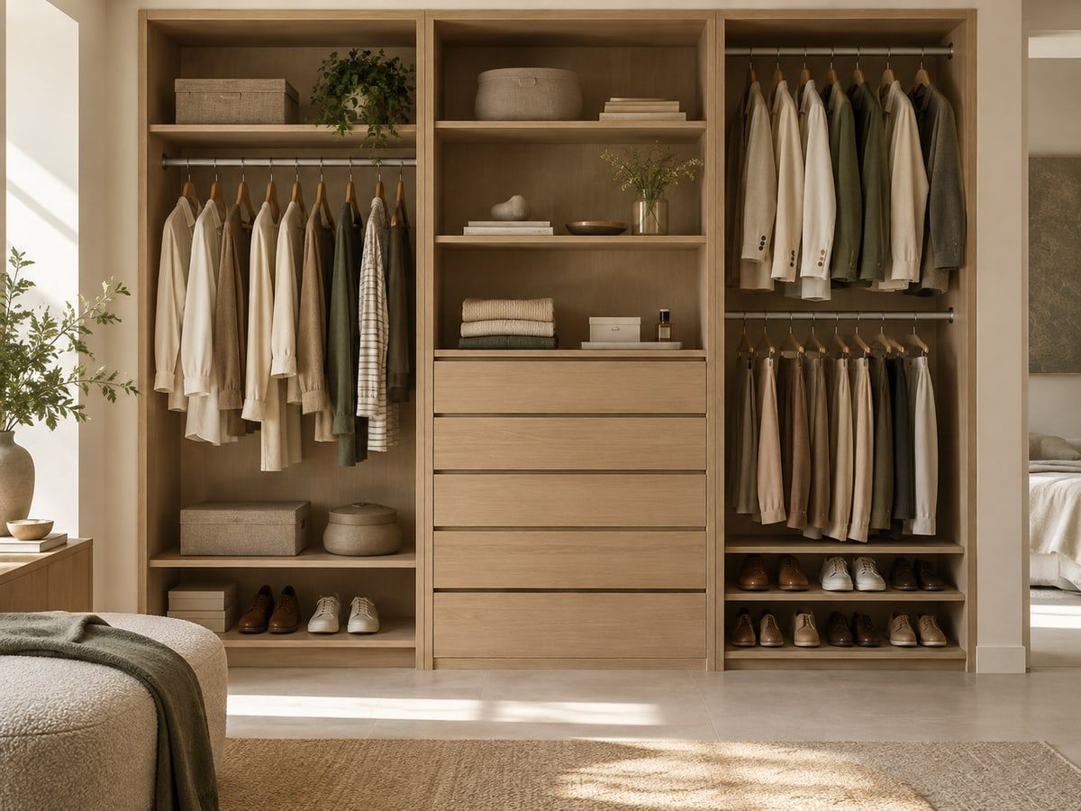 Illustration de dressing ouvert, avec penderies et rangements sur trois colonnes