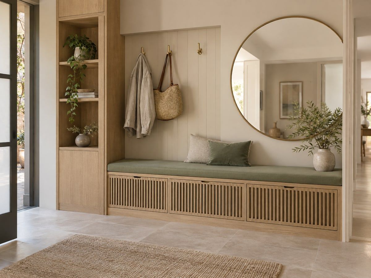 Illustration de rangement d’entrée avec banc, patères et miroir