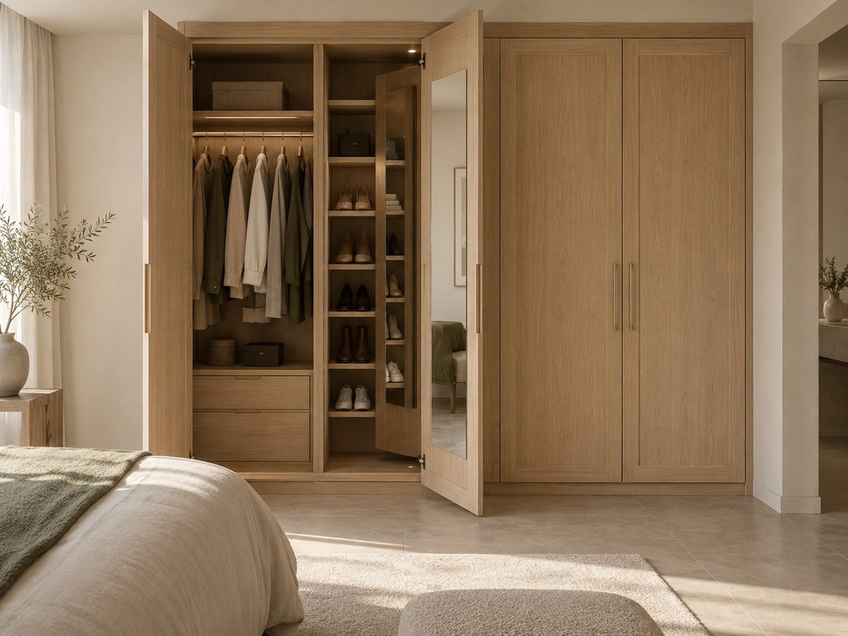 Illustration de dressing avec portes battantes, dont une à miroir intérieur